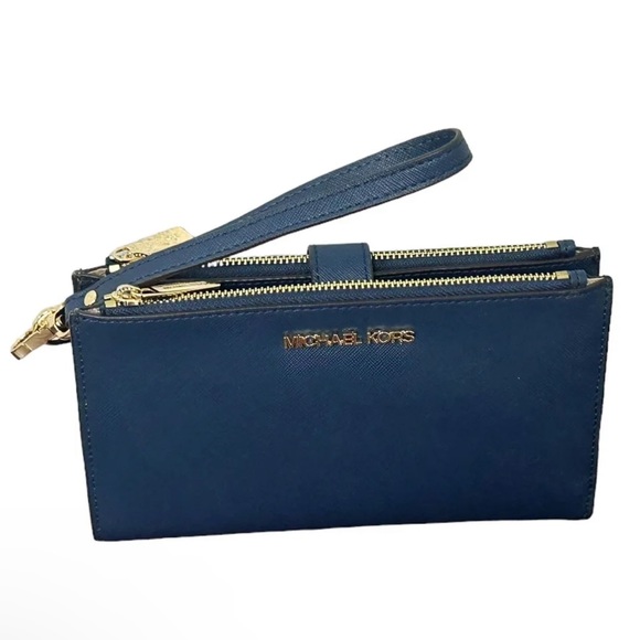 Michael Kors Jet Set Travel Large Double Zip Phone Wallet Wristlet Navy Leather - Picture 3 of 9